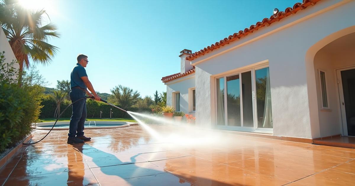 Terraza de una villa limpiada con hidrolavadora