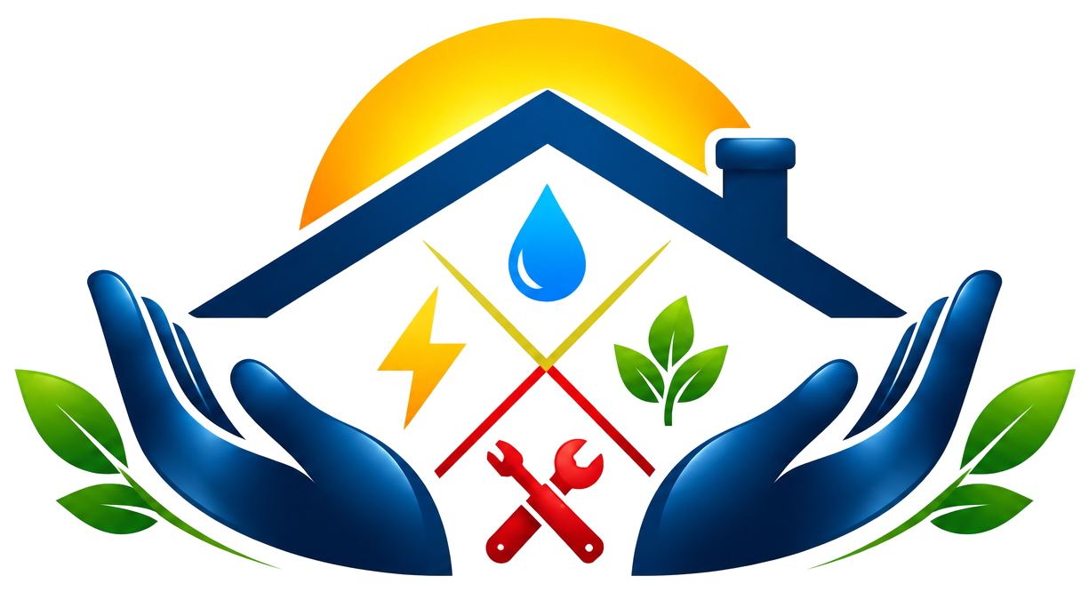 Símbolo En Buenas Manos: una casa protegida por dos manos, con iconos de agua, electricidad, jardín y herramientas